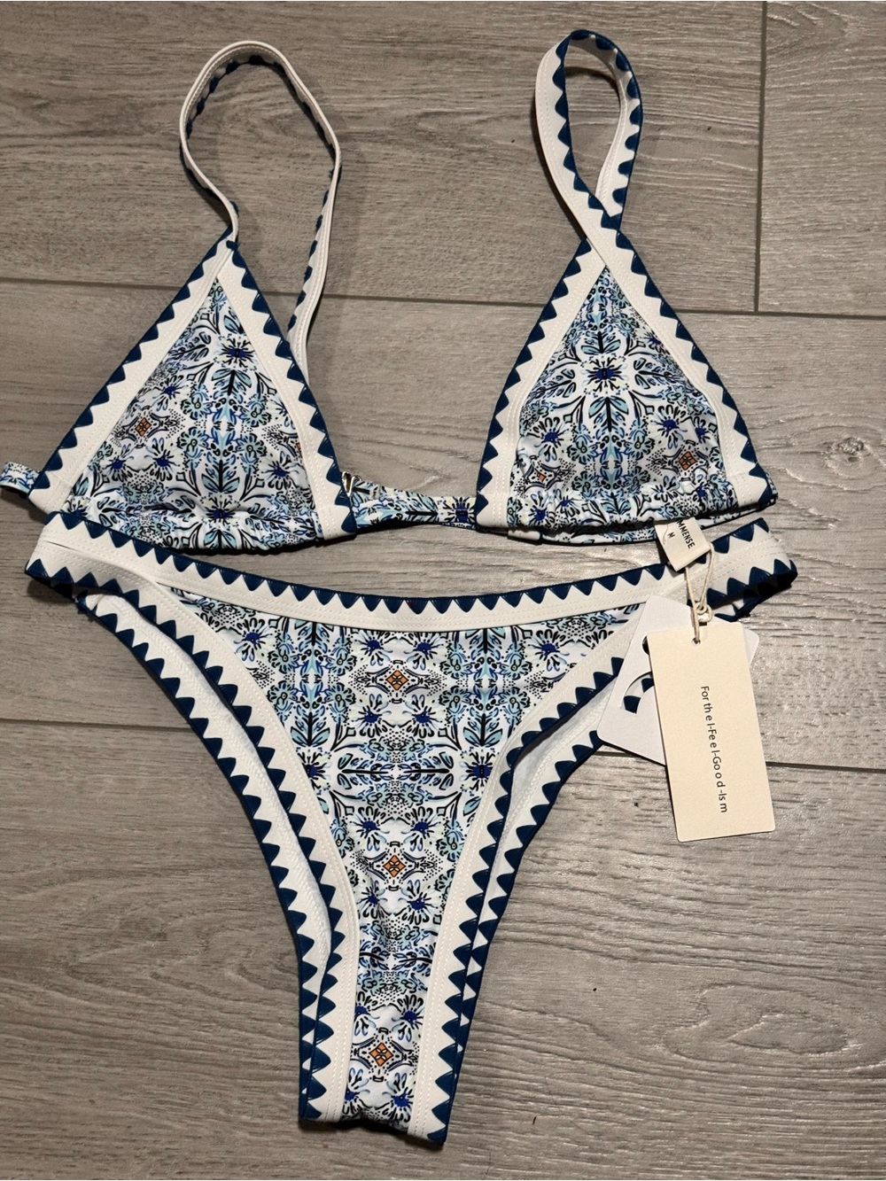 Commense Swim Blue & White Printed Triangle Bikini Top and Bottom